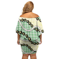 Green Palaka Hawaii Off Shoulder Short Dress Kukui Nut Pikake Lei Hawaiian Tapa Pattern - Polynesian Pride