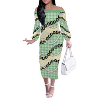 Green Palaka Hawaii Off The Shoulder Long Sleeve Dress Kukui Nut Pikake Lei Hawaiian Tapa Pattern - Polynesian Pride