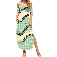 Green Palaka Hawaii Summer Maxi Dress Kukui Nut Pikake Lei Hawaiian Tapa Pattern - Polynesian Pride