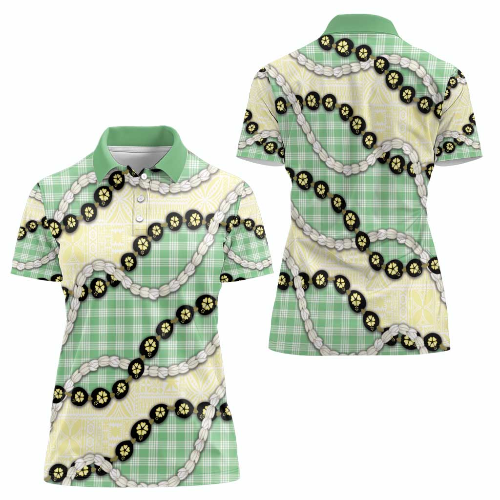 Green Palaka Hawaii Women Polo Shirt Kukui Nut Pikake Lei Hawaiian Tapa Pattern - Polynesian Pride