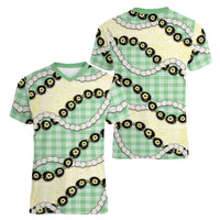 Green Palaka Hawaii Women V-Neck T-Shirt Kukui Nut Pikake Lei Hawaiian Tapa Pattern - Polynesian Pride