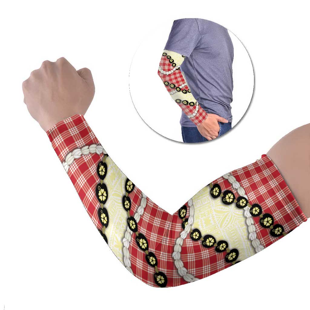 Red Palaka Hawaii Arm Sleeves Kukui Nut Pikake Lei Hawaiian Tapa Pattern - Polynesian Pride