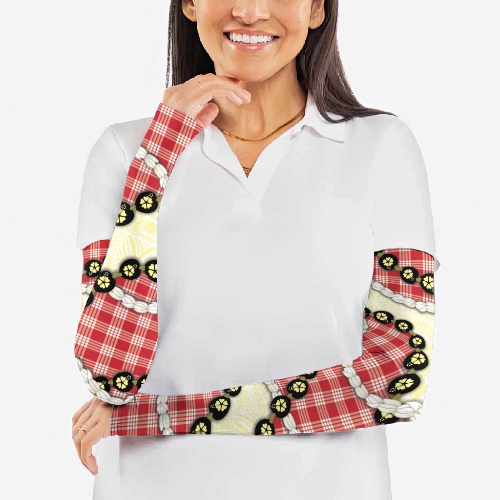 Red Palaka Hawaii Arm Sleeves Kukui Nut Pikake Lei Hawaiian Tapa Pattern - Polynesian Pride