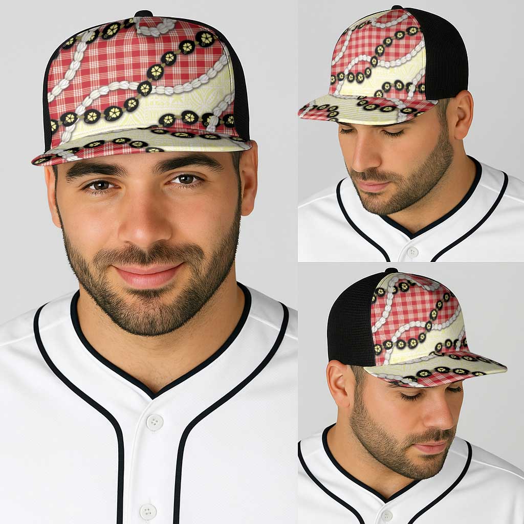 Red Palaka Hawaii Baseball Net Cap Kukui Nut Pikake Lei Hawaiian Tapa Pattern - Polynesian Pride