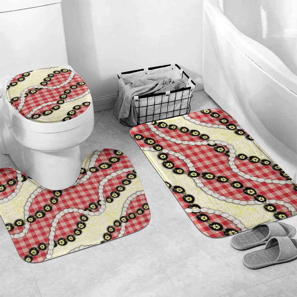 Red Palaka Hawaii Bathroom Set Kukui Nut Pikake Lei Hawaiian Tapa Pattern LT14 Mat Set Only (3 pcs) One Size Red - Polynesian Pride