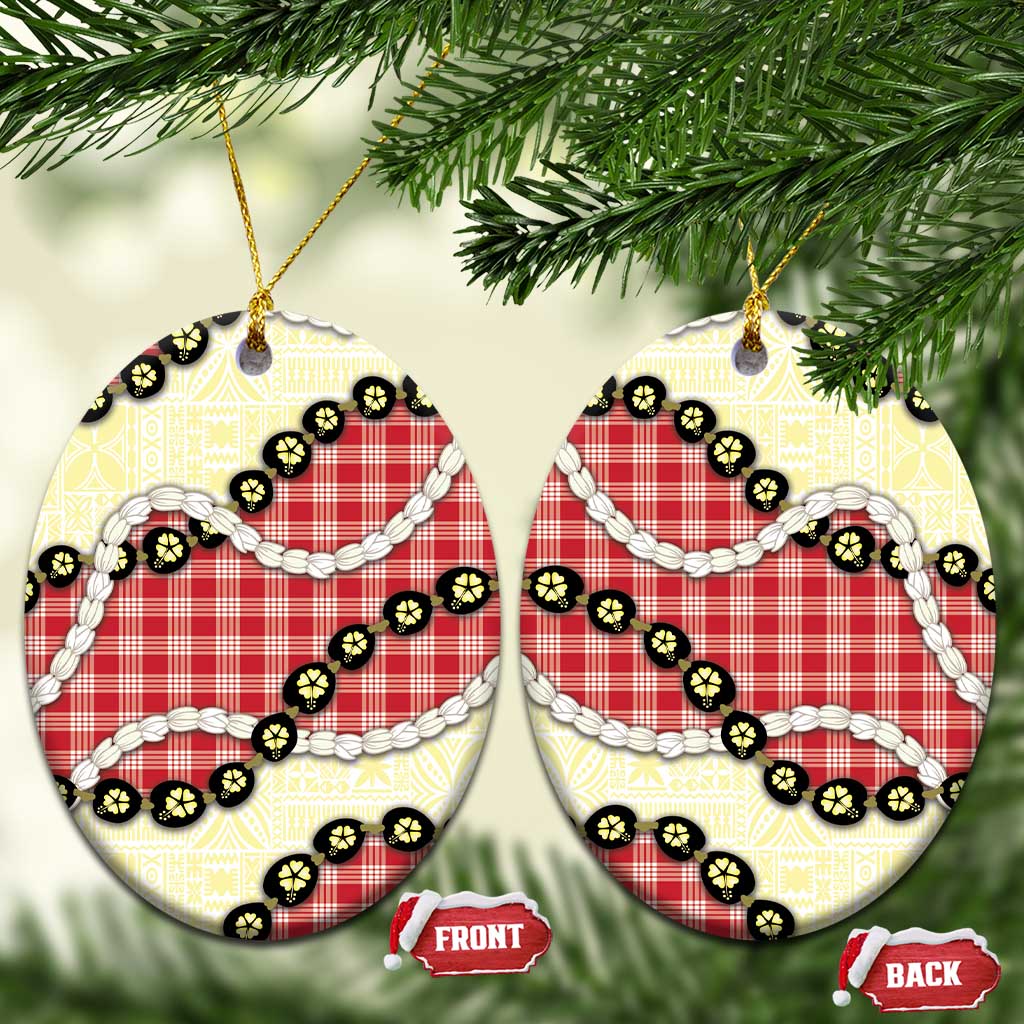 Red Palaka Hawaii Ceramic Ornament Kukui Nut Pikake Lei Hawaiian Tapa Pattern LT14 Oval Red - Polynesian Pride
