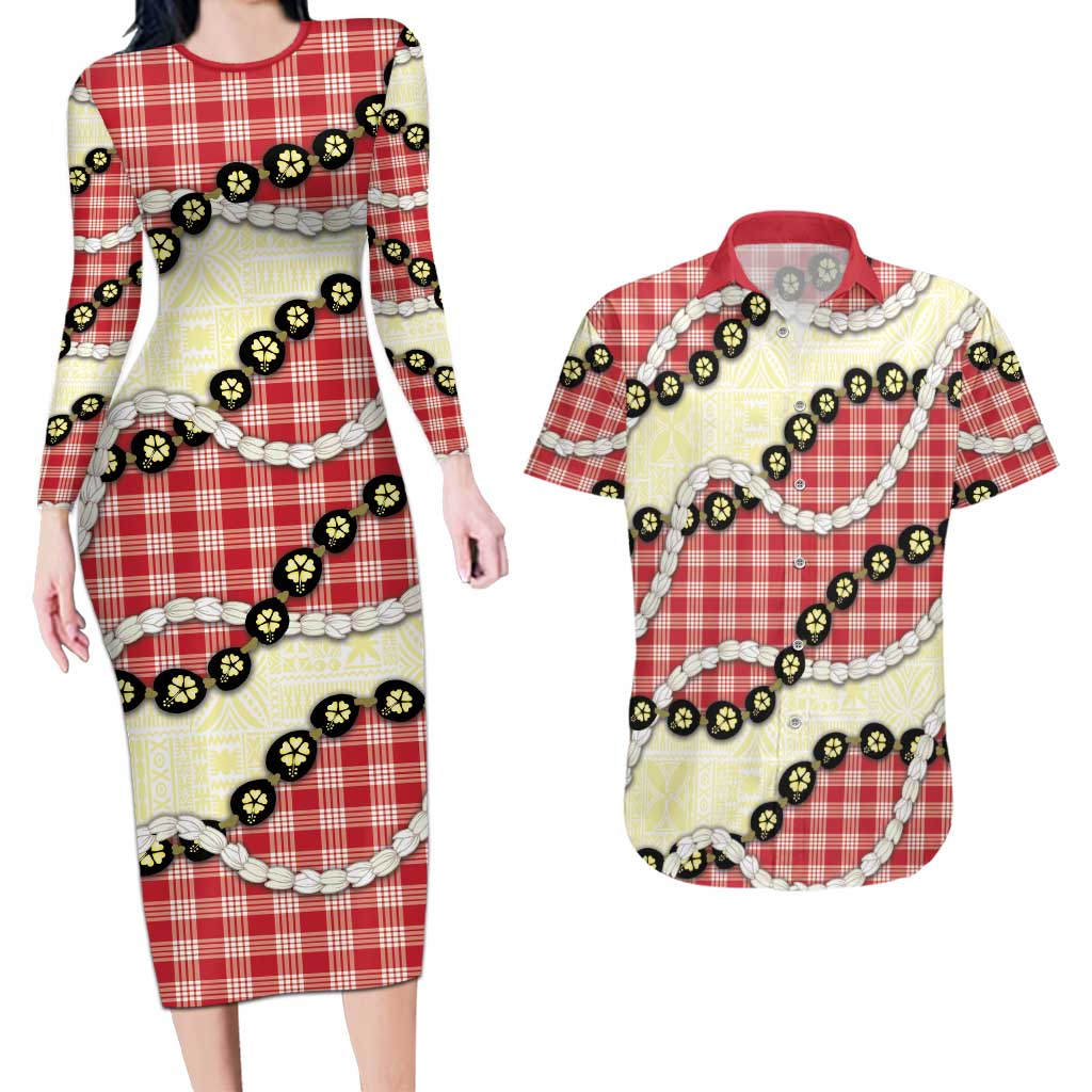 Red Palaka Hawaii Couples Matching Long Sleeve Bodycon Dress and Hawaiian Shirt Kukui Nut Pikake Lei Hawaiian Tapa Pattern LT14 Red - Polynesian Pride