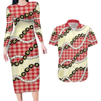 Red Palaka Hawaii Couples Matching Long Sleeve Bodycon Dress and Hawaiian Shirt Kukui Nut Pikake Lei Hawaiian Tapa Pattern LT14 Red - Polynesian Pride