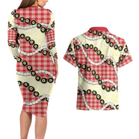 Red Palaka Hawaii Couples Matching Long Sleeve Bodycon Dress and Hawaiian Shirt Kukui Nut Pikake Lei Hawaiian Tapa Pattern LT14 - Polynesian Pride