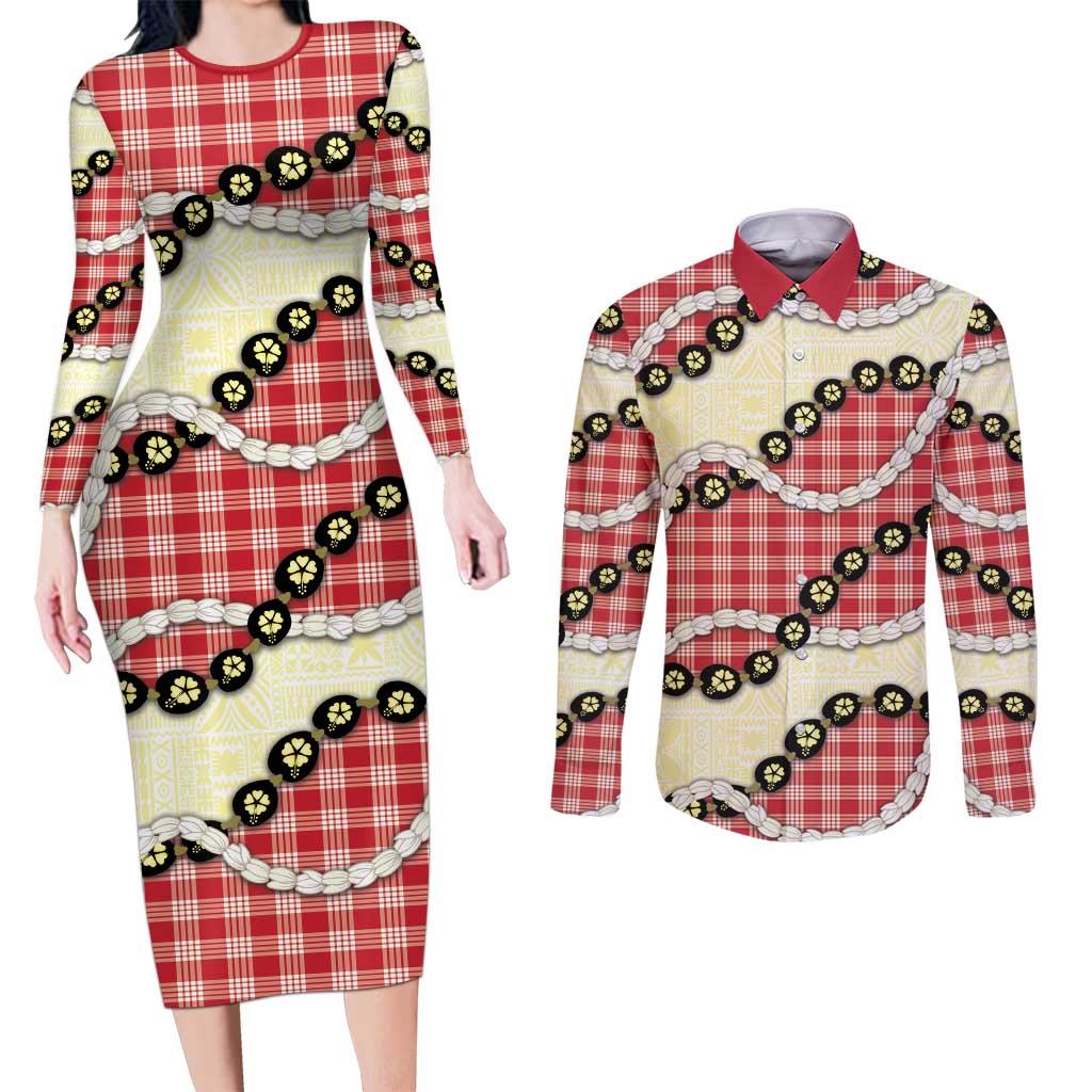 Red Palaka Hawaii Couples Matching Long Sleeve Bodycon Dress and Long Sleeve Button Shirt Kukui Nut Pikake Lei Hawaiian Tapa Pattern LT14 Red - Polynesian Pride
