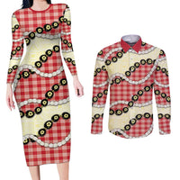 Red Palaka Hawaii Couples Matching Long Sleeve Bodycon Dress and Long Sleeve Button Shirt Kukui Nut Pikake Lei Hawaiian Tapa Pattern LT14 Red - Polynesian Pride