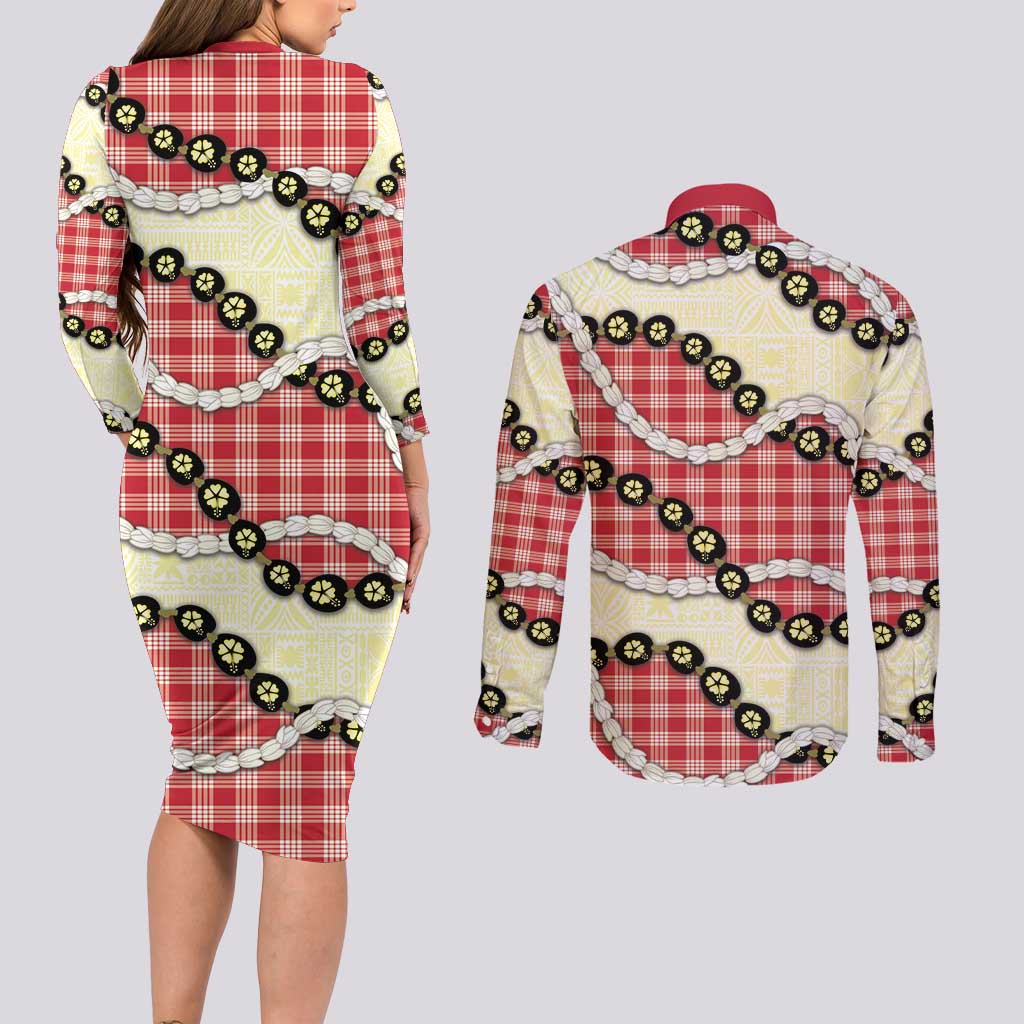 Red Palaka Hawaii Couples Matching Long Sleeve Bodycon Dress and Long Sleeve Button Shirt Kukui Nut Pikake Lei Hawaiian Tapa Pattern LT14 - Polynesian Pride