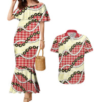 Red Palaka Hawaii Couples Matching Mermaid Dress and Hawaiian Shirt Kukui Nut Pikake Lei Hawaiian Tapa Pattern LT14 Red - Polynesian Pride