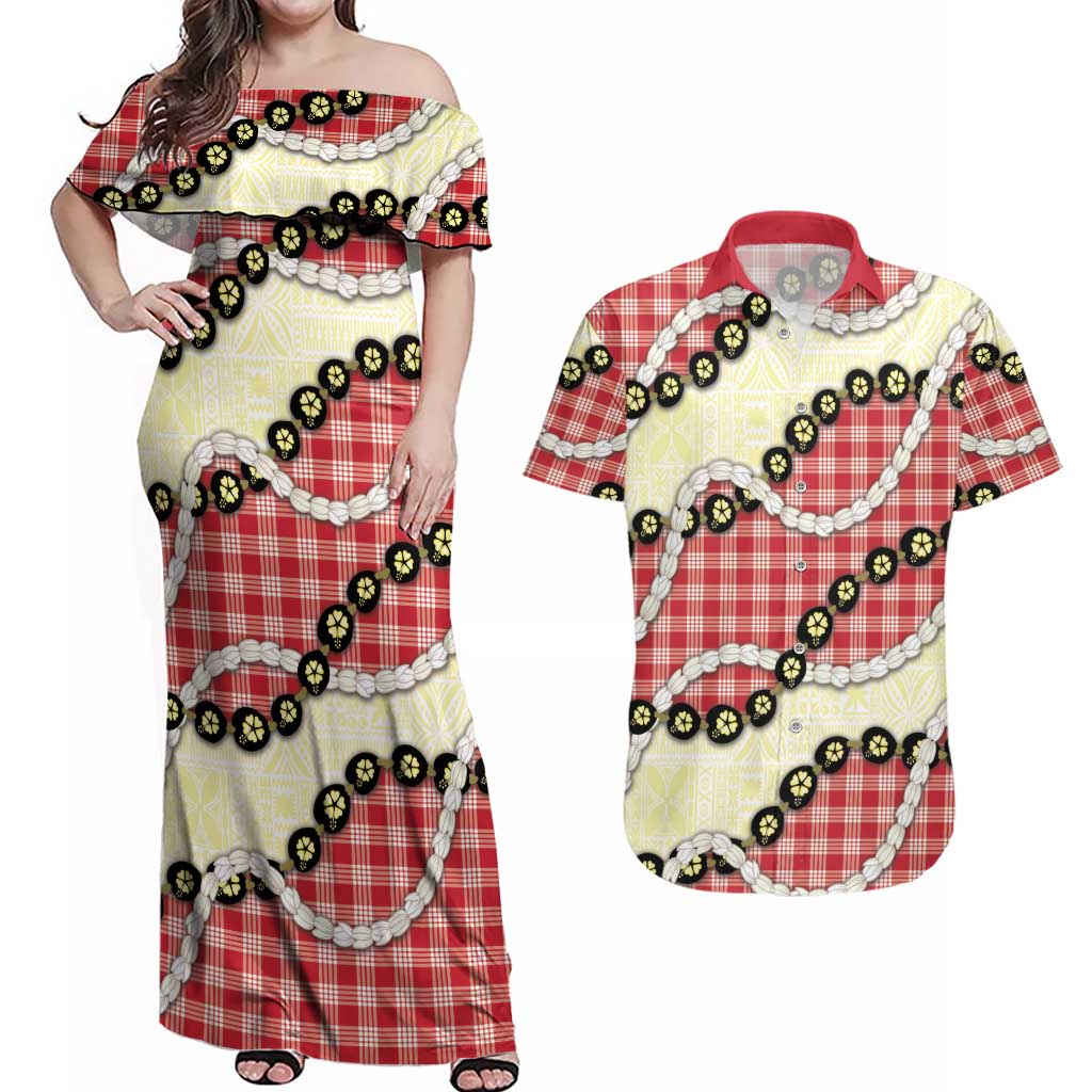 Red Palaka Hawaii Couples Matching Off Shoulder Maxi Dress and Hawaiian Shirt Kukui Nut Pikake Lei Hawaiian Tapa Pattern - Polynesian Pride