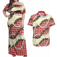Red Palaka Hawaii Couples Matching Off Shoulder Maxi Dress and Hawaiian Shirt Kukui Nut Pikake Lei Hawaiian Tapa Pattern LT14 Red - Polynesian Pride