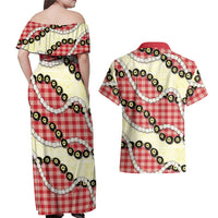 Red Palaka Hawaii Couples Matching Off Shoulder Maxi Dress and Hawaiian Shirt Kukui Nut Pikake Lei Hawaiian Tapa Pattern LT14 - Polynesian Pride