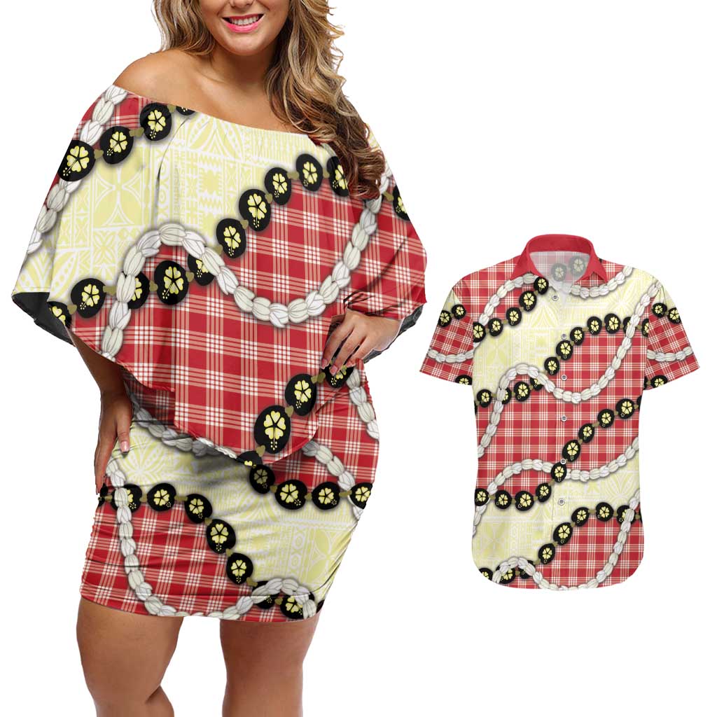 Red Palaka Hawaii Couples Matching Off Shoulder Short Dress and Hawaiian Shirt Kukui Nut Pikake Lei Hawaiian Tapa Pattern - Polynesian Pride