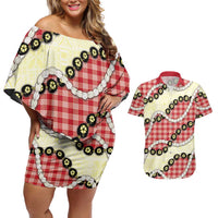 Red Palaka Hawaii Couples Matching Off Shoulder Short Dress and Hawaiian Shirt Kukui Nut Pikake Lei Hawaiian Tapa Pattern LT14 Red - Polynesian Pride