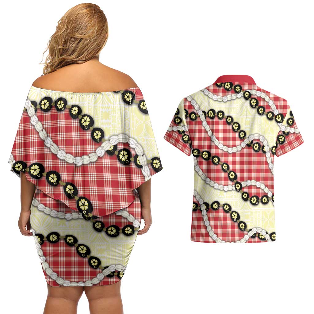 Red Palaka Hawaii Couples Matching Off Shoulder Short Dress and Hawaiian Shirt Kukui Nut Pikake Lei Hawaiian Tapa Pattern LT14 - Polynesian Pride