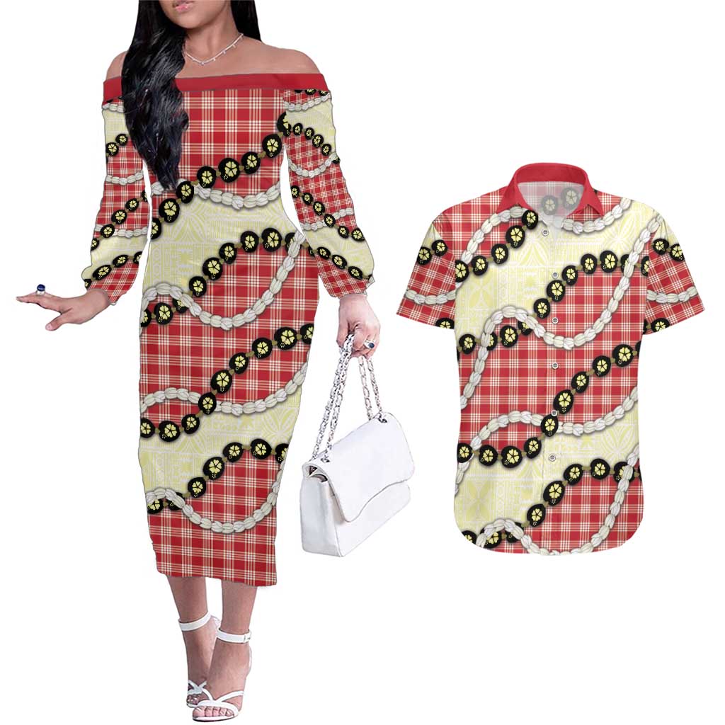 Red Palaka Hawaii Couples Matching Off The Shoulder Long Sleeve Dress and Hawaiian Shirt Kukui Nut Pikake Lei Hawaiian Tapa Pattern - Polynesian Pride
