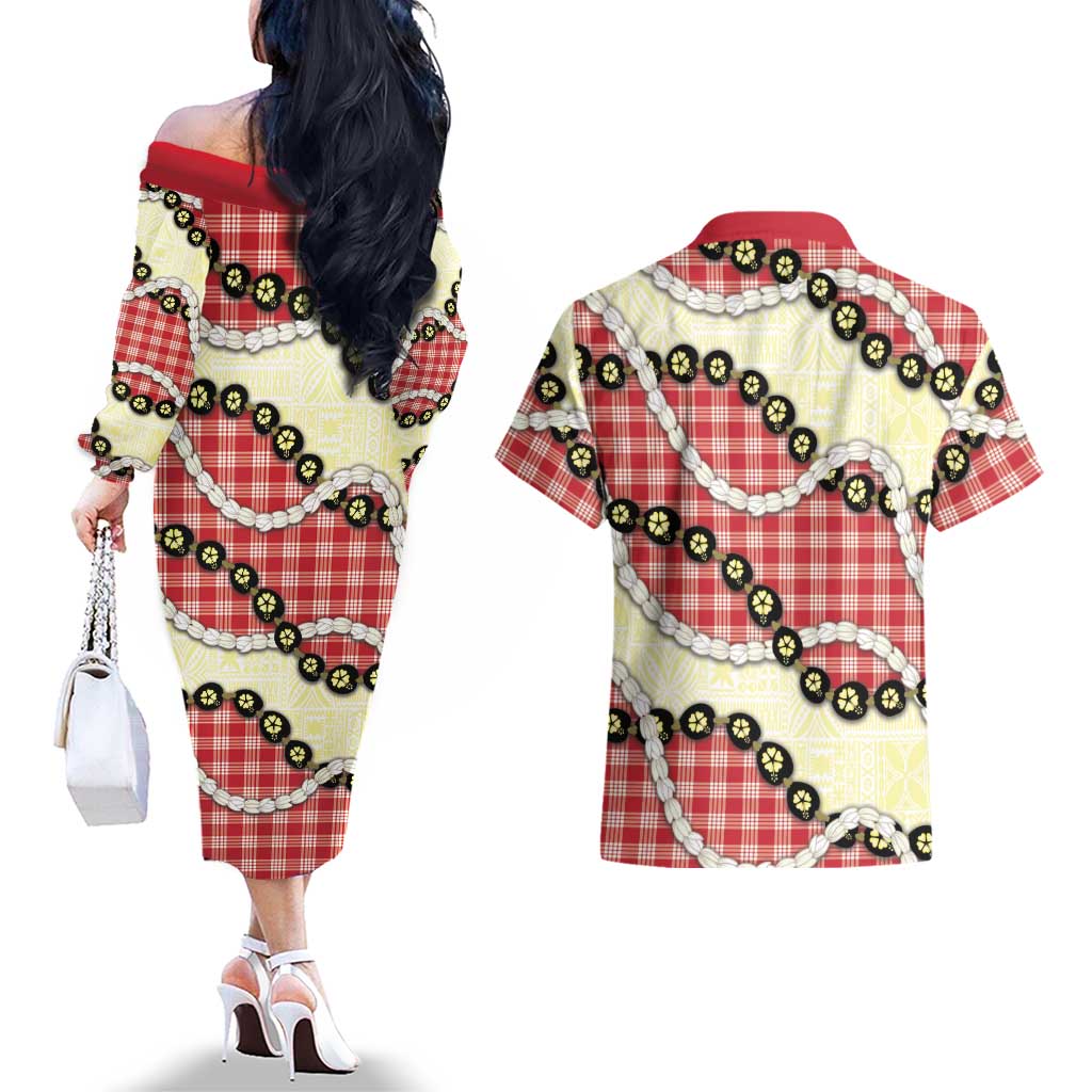 Red Palaka Hawaii Couples Matching Off The Shoulder Long Sleeve Dress and Hawaiian Shirt Kukui Nut Pikake Lei Hawaiian Tapa Pattern LT14 - Polynesian Pride