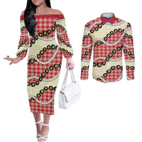 Red Palaka Hawaii Couples Matching Off The Shoulder Long Sleeve Dress and Long Sleeve Button Shirt Kukui Nut Pikake Lei Hawaiian Tapa Pattern LT14 Red - Polynesian Pride