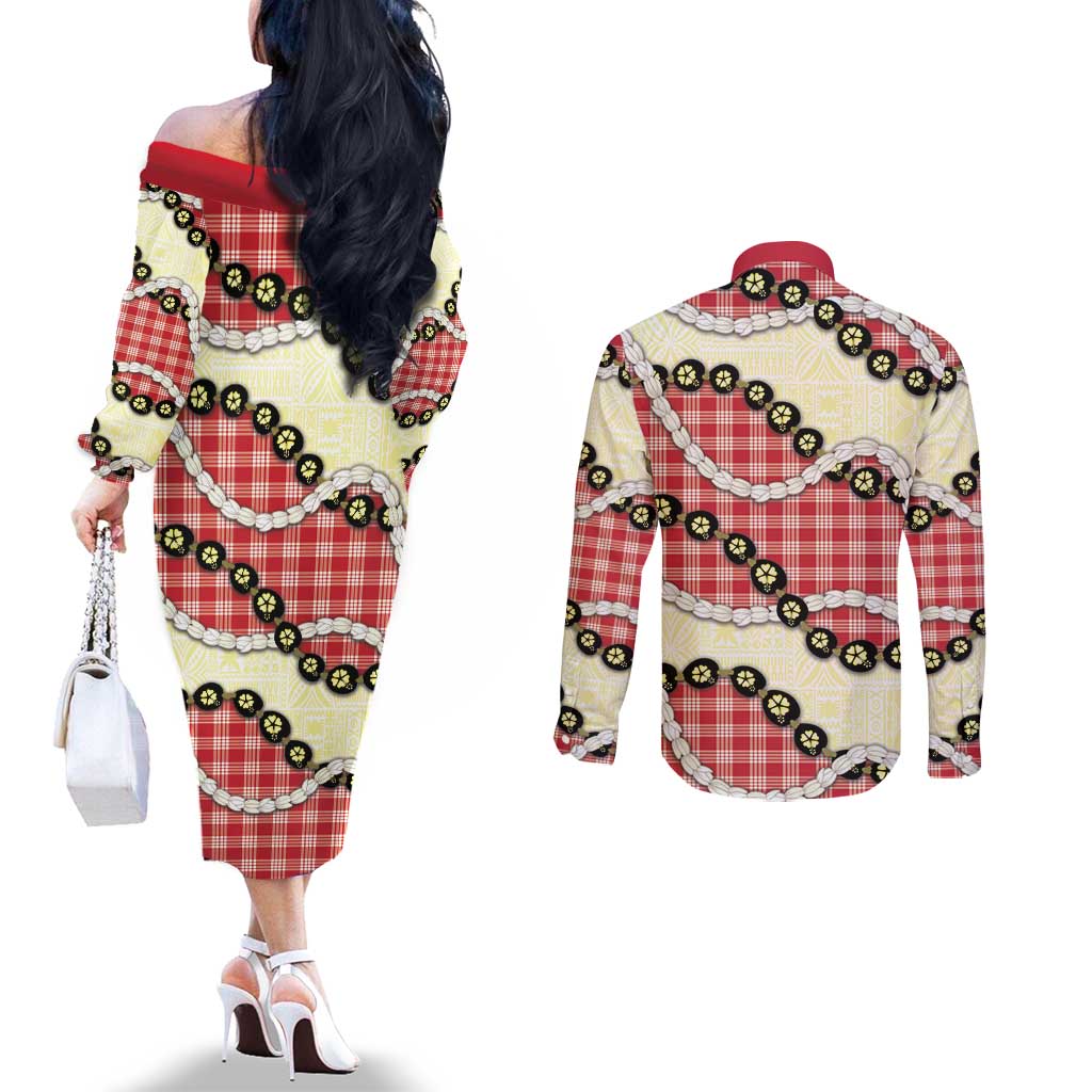 Red Palaka Hawaii Couples Matching Off The Shoulder Long Sleeve Dress and Long Sleeve Button Shirt Kukui Nut Pikake Lei Hawaiian Tapa Pattern LT14 - Polynesian Pride