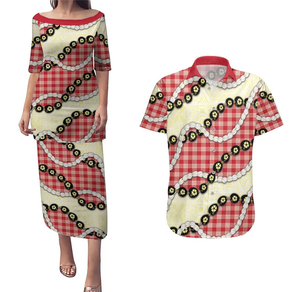 Red Palaka Hawaii Couples Matching Puletasi and Hawaiian Shirt Kukui Nut Pikake Lei Hawaiian Tapa Pattern - Polynesian Pride