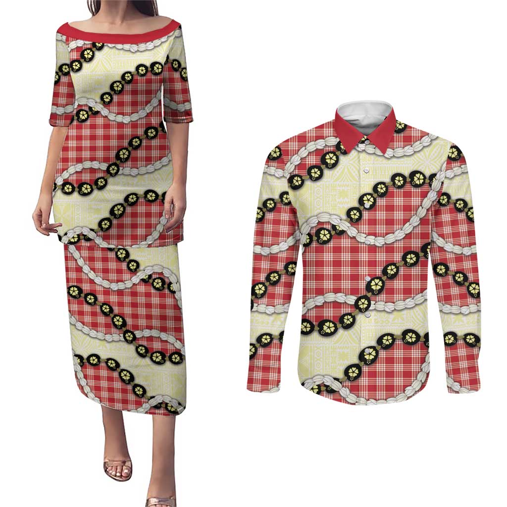 Red Palaka Hawaii Couples Matching Puletasi and Long Sleeve Button Shirt Kukui Nut Pikake Lei Hawaiian Tapa Pattern - Polynesian Pride