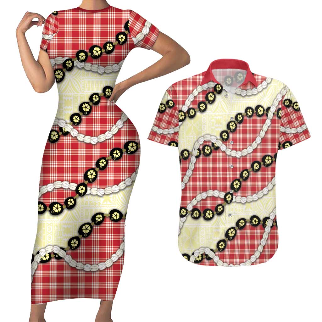 Red Palaka Hawaii Couples Matching Short Sleeve Bodycon Dress and Hawaiian Shirt Kukui Nut Pikake Lei Hawaiian Tapa Pattern LT14 Red - Polynesian Pride