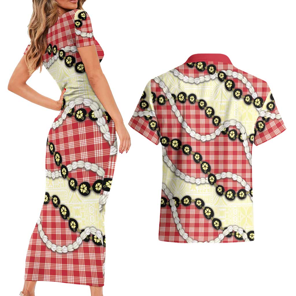 Red Palaka Hawaii Couples Matching Short Sleeve Bodycon Dress and Hawaiian Shirt Kukui Nut Pikake Lei Hawaiian Tapa Pattern LT14 - Polynesian Pride