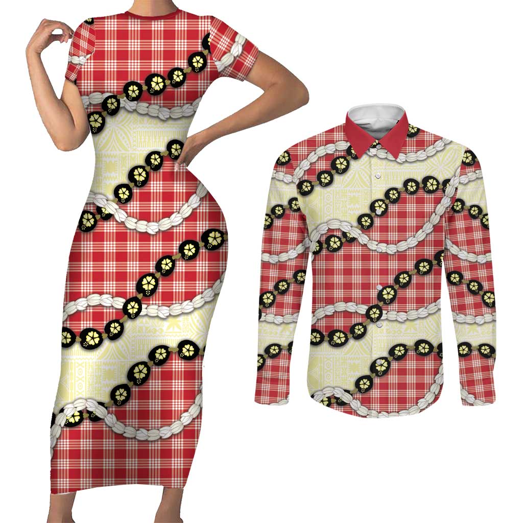 Red Palaka Hawaii Couples Matching Short Sleeve Bodycon Dress and Long Sleeve Button Shirt Kukui Nut Pikake Lei Hawaiian Tapa Pattern LT14 Red - Polynesian Pride