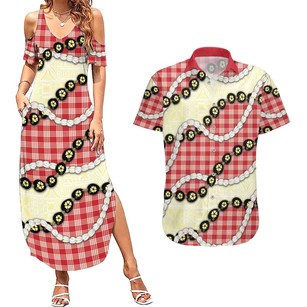 Red Palaka Hawaii Couples Matching Summer Maxi Dress and Hawaiian Shirt Kukui Nut Pikake Lei Hawaiian Tapa Pattern LT14 Red - Polynesian Pride