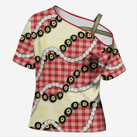 Red Palaka Hawaii Cross Shoulder Shirt Kukui Nut Pikake Lei Hawaiian Tapa Pattern - Polynesian Pride