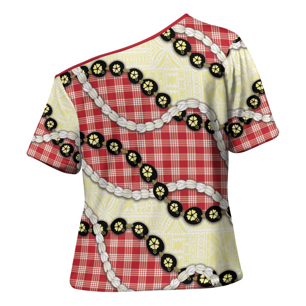 Red Palaka Hawaii Cross Shoulder Shirt Kukui Nut Pikake Lei Hawaiian Tapa Pattern - Polynesian Pride