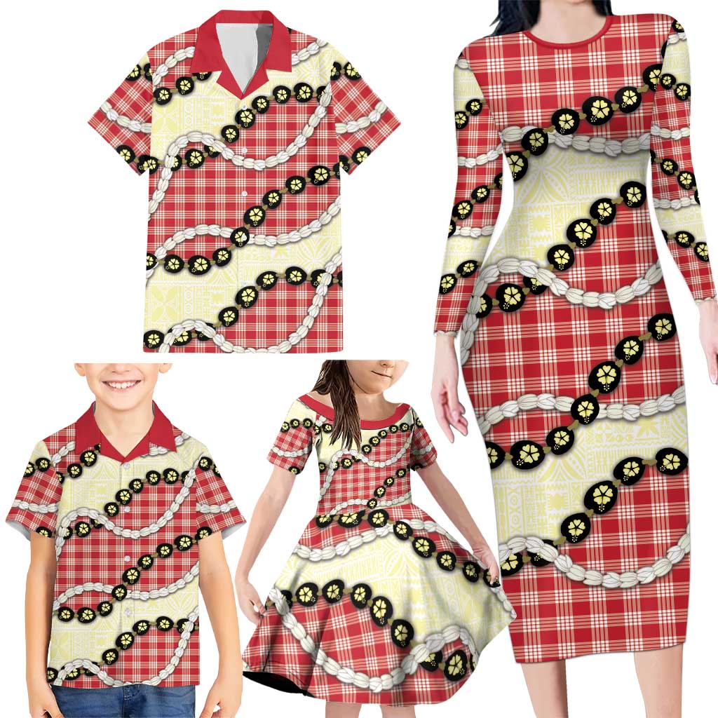 Red Palaka Hawaii Family Matching Long Sleeve Bodycon Dress and Hawaiian Shirt Kukui Nut Pikake Lei Hawaiian Tapa Pattern - Polynesian Pride