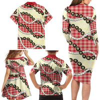 Red Palaka Hawaii Family Matching Long Sleeve Bodycon Dress and Hawaiian Shirt Kukui Nut Pikake Lei Hawaiian Tapa Pattern LT14 - Polynesian Pride