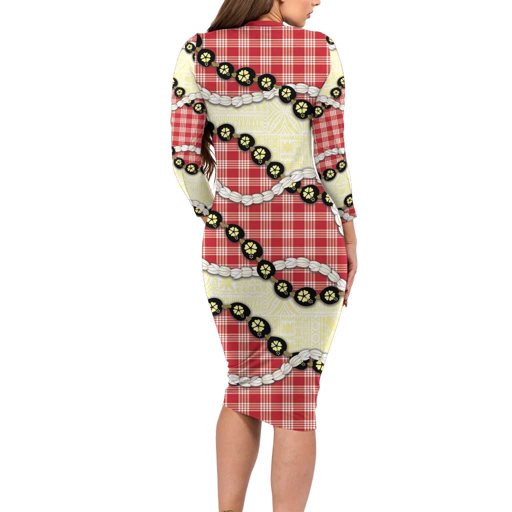 Red Palaka Hawaii Family Matching Long Sleeve Bodycon Dress and Hawaiian Shirt Kukui Nut Pikake Lei Hawaiian Tapa Pattern LT14 - Polynesian Pride