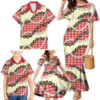 Red Palaka Hawaii Family Matching Mermaid Dress and Hawaiian Shirt Kukui Nut Pikake Lei Hawaiian Tapa Pattern LT14 - Polynesian Pride