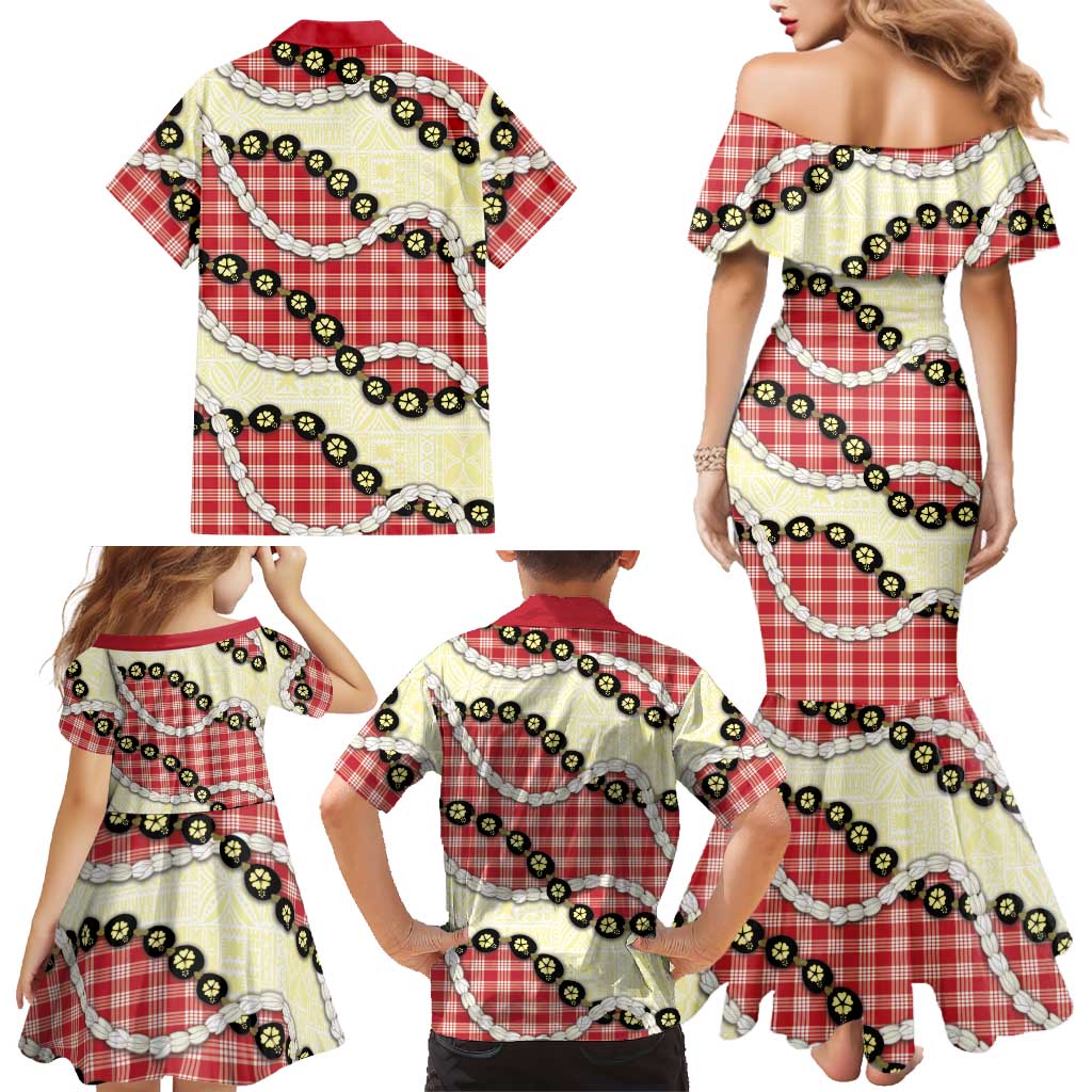 Red Palaka Hawaii Family Matching Mermaid Dress and Hawaiian Shirt Kukui Nut Pikake Lei Hawaiian Tapa Pattern LT14 - Polynesian Pride