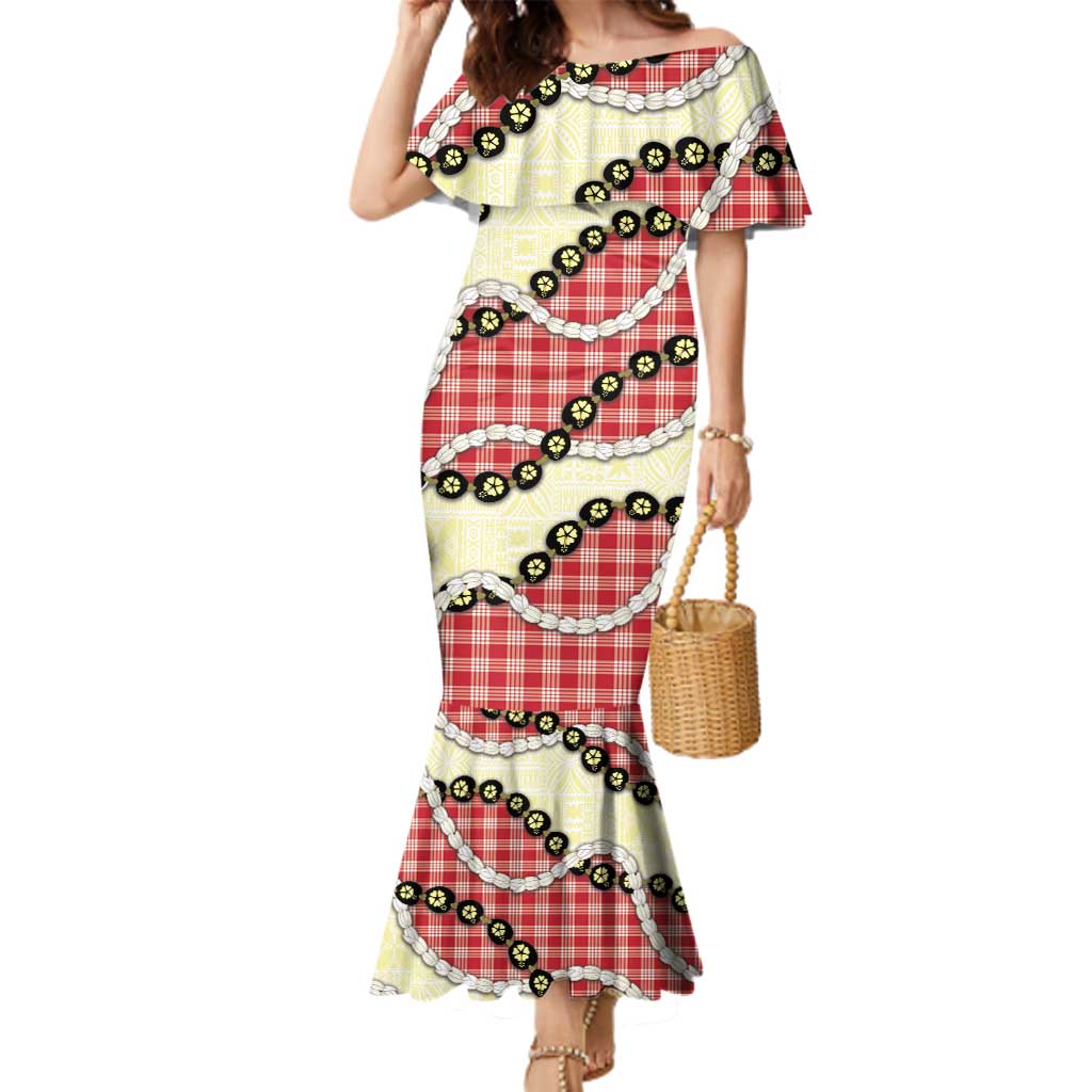 Red Palaka Hawaii Family Matching Mermaid Dress and Hawaiian Shirt Kukui Nut Pikake Lei Hawaiian Tapa Pattern LT14 Mom's Dress Red - Polynesian Pride