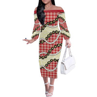 Red Palaka Hawaii Family Matching Off The Shoulder Long Sleeve Dress and Hawaiian Shirt Kukui Nut Pikake Lei Hawaiian Tapa Pattern LT14 Mom's Dress Red - Polynesian Pride