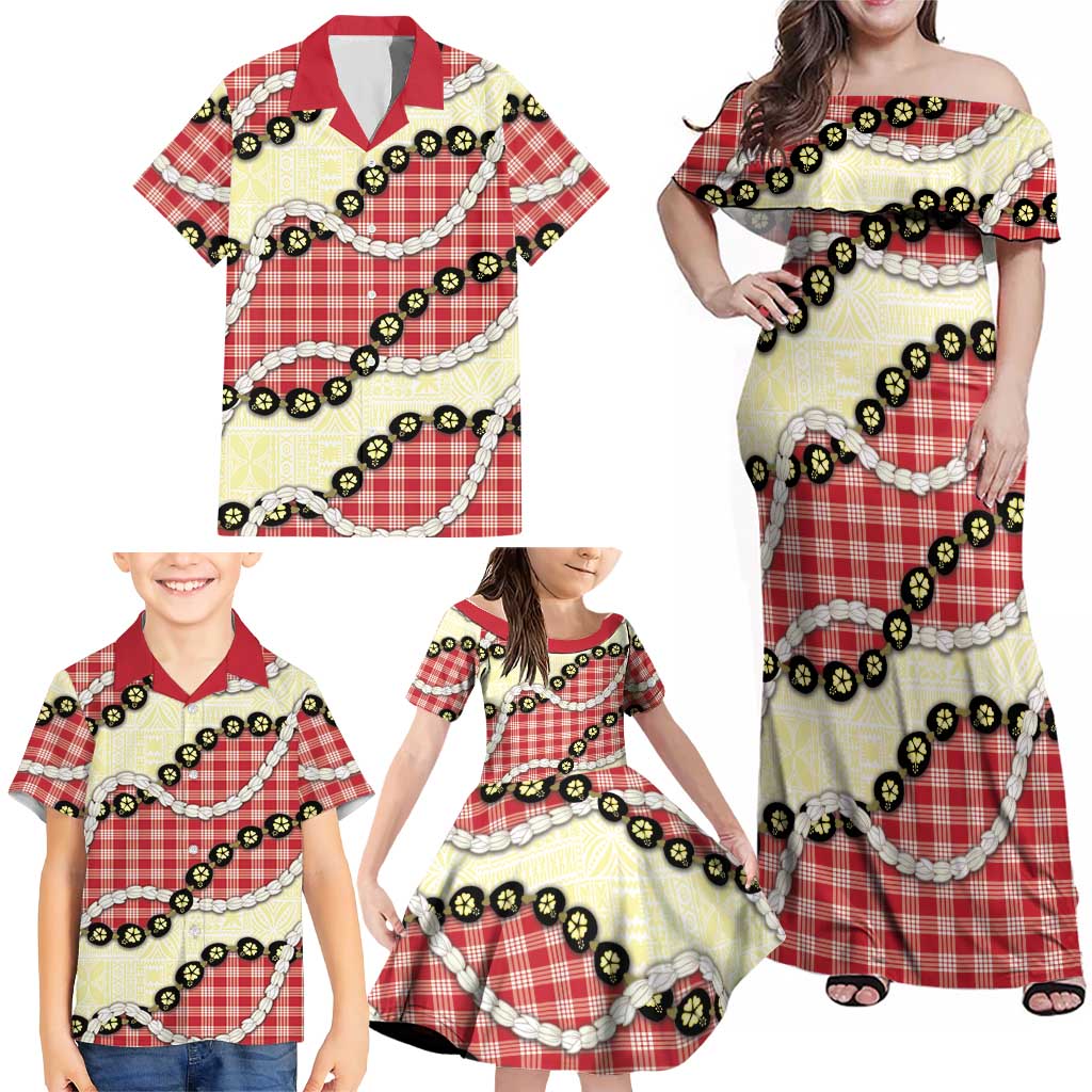 Red Palaka Hawaii Family Matching Off Shoulder Maxi Dress and Hawaiian Shirt Kukui Nut Pikake Lei Hawaiian Tapa Pattern LT14 - Polynesian Pride