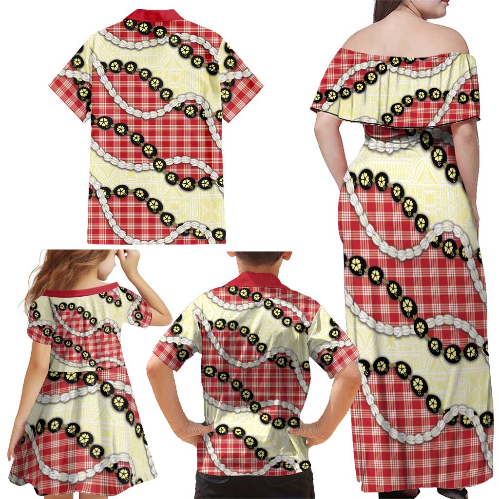 Red Palaka Hawaii Family Matching Off Shoulder Maxi Dress and Hawaiian Shirt Kukui Nut Pikake Lei Hawaiian Tapa Pattern LT14 - Polynesian Pride