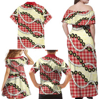 Red Palaka Hawaii Family Matching Off Shoulder Maxi Dress and Hawaiian Shirt Kukui Nut Pikake Lei Hawaiian Tapa Pattern LT14 - Polynesian Pride
