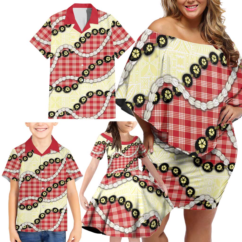 Red Palaka Hawaii Family Matching Off Shoulder Short Dress and Hawaiian Shirt Kukui Nut Pikake Lei Hawaiian Tapa Pattern LT14 - Polynesian Pride