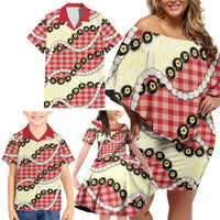 Red Palaka Hawaii Family Matching Off Shoulder Short Dress and Hawaiian Shirt Kukui Nut Pikake Lei Hawaiian Tapa Pattern LT14 - Polynesian Pride