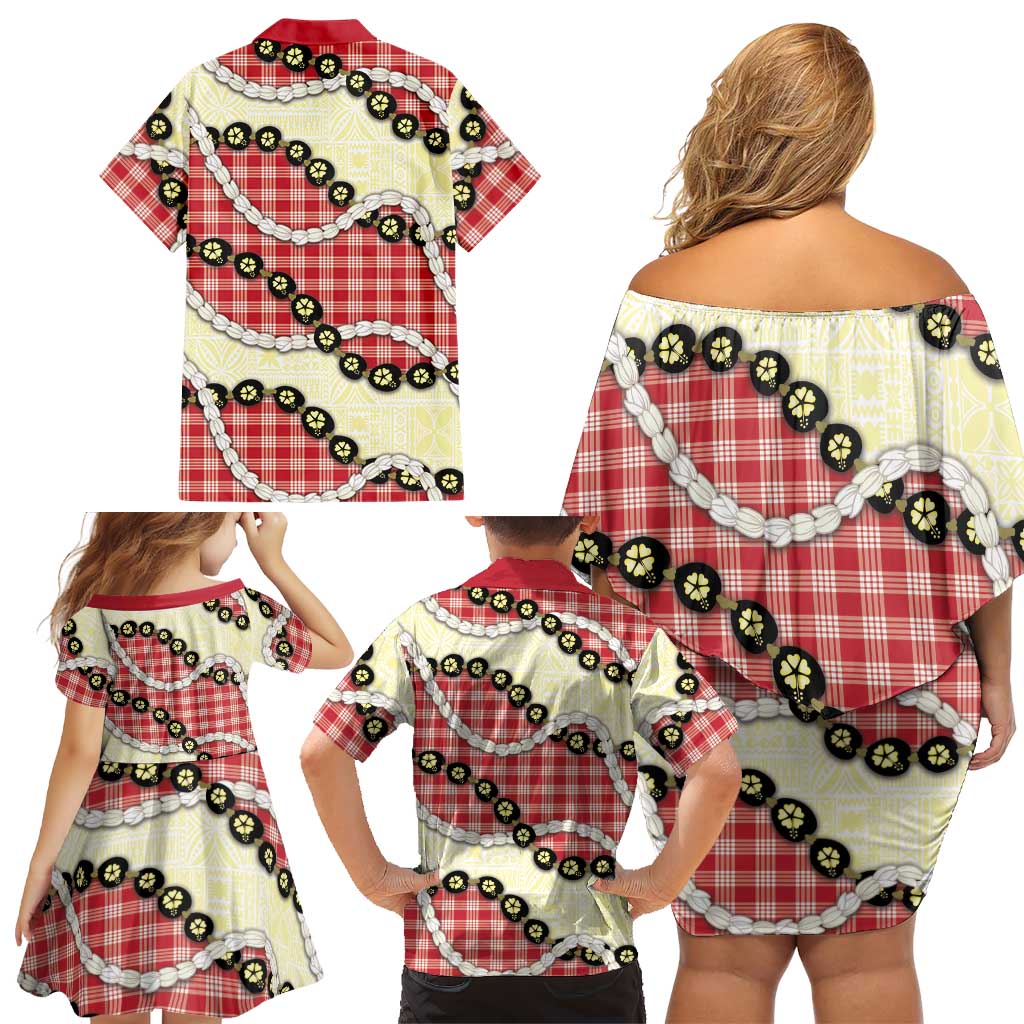 Red Palaka Hawaii Family Matching Off Shoulder Short Dress and Hawaiian Shirt Kukui Nut Pikake Lei Hawaiian Tapa Pattern LT14 - Polynesian Pride