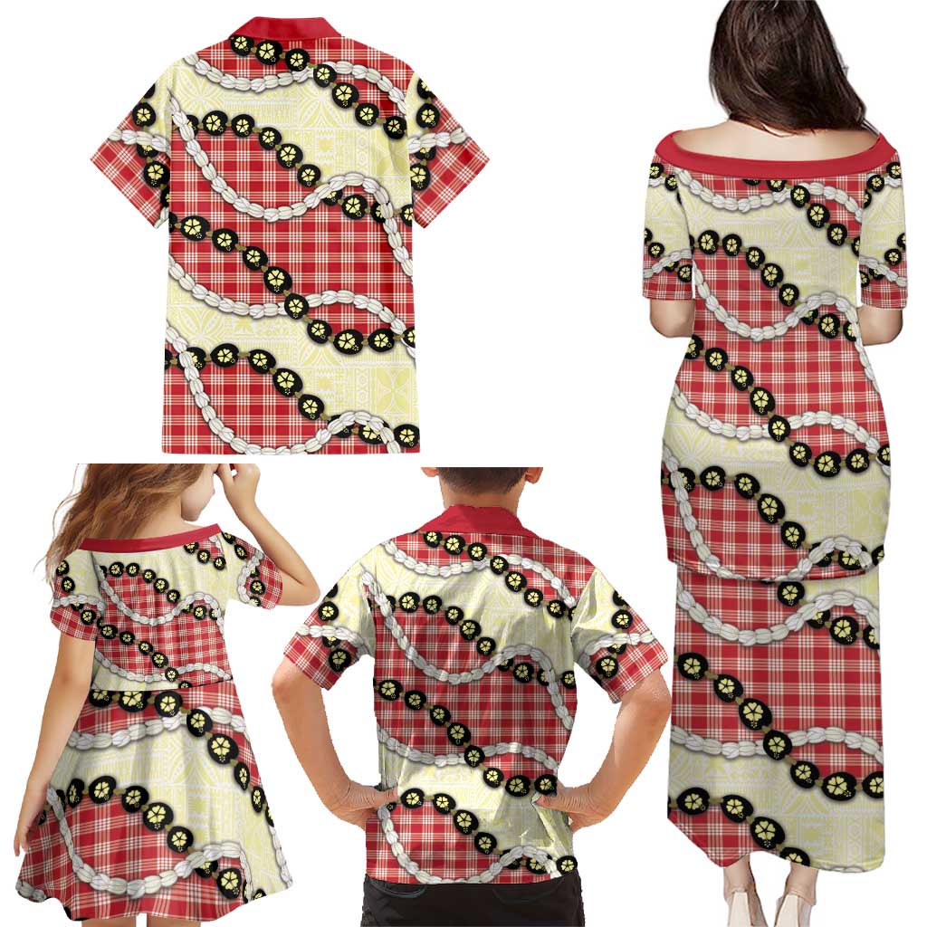Red Palaka Hawaii Family Matching Puletasi and Hawaiian Shirt Kukui Nut Pikake Lei Hawaiian Tapa Pattern LT14 - Polynesian Pride