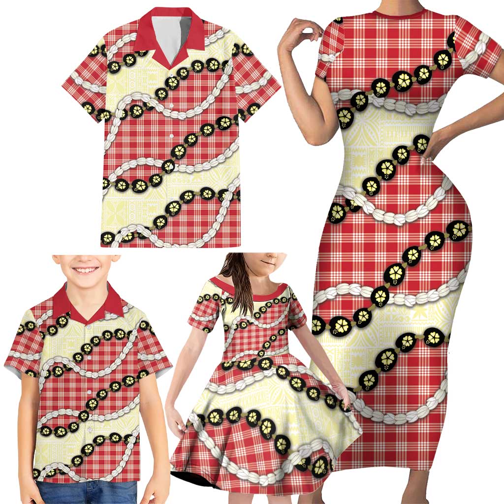 Red Palaka Hawaii Family Matching Short Sleeve Bodycon Dress and Hawaiian Shirt Kukui Nut Pikake Lei Hawaiian Tapa Pattern LT14 - Polynesian Pride